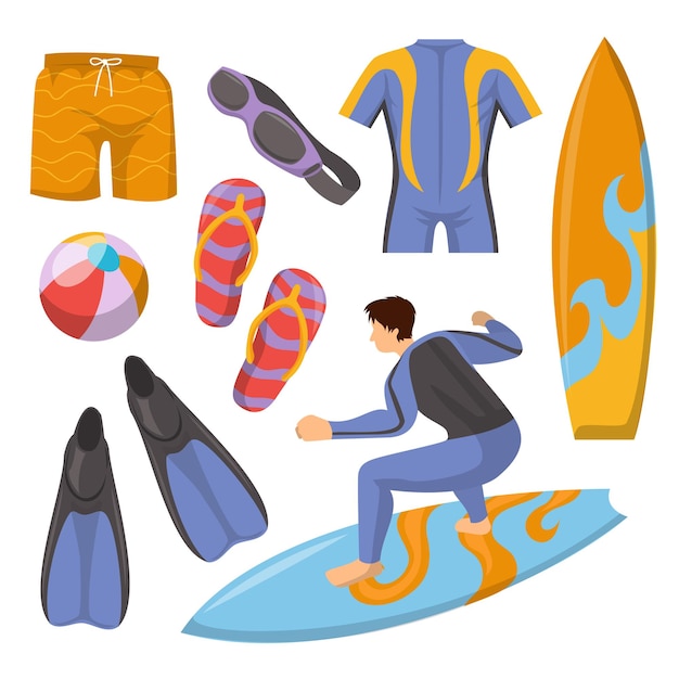 Young athlete man standing surf board with surfing equipment