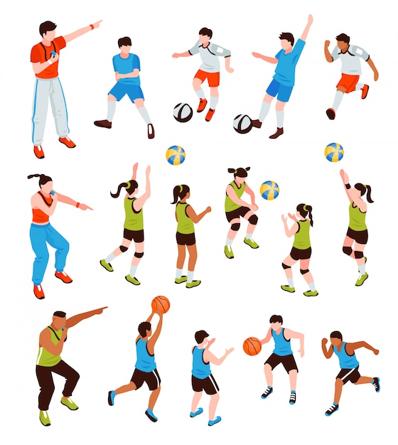 Бесплатное векторное изображение Юные спортсмены изометрические набор