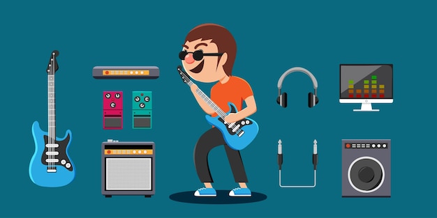 Free vector young bassist man in glasses with bass and equipment in work speaker headphone monitor electric tuner or sound effect in cartoon style for graphic designer