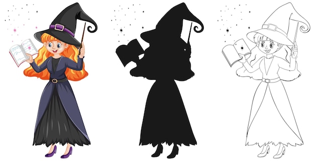 Young beautiful witch holding magic wand and book in color and outline and silhouette isolated