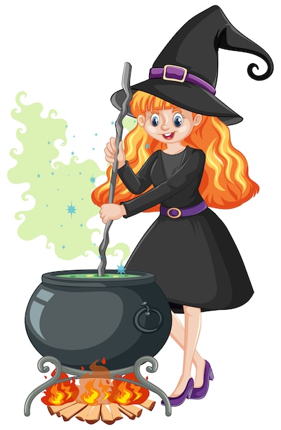 Young beautiful witch with black magic pot cartoon style isolated on white background