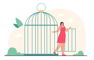 Young beautiful woman coming out of open birdcages door