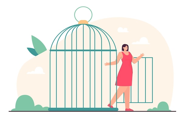 Young beautiful woman coming out of open birdcages door