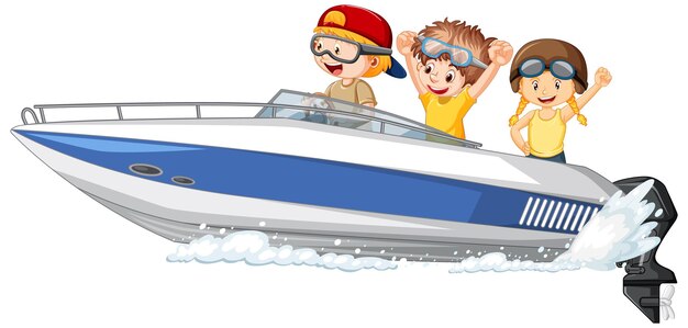 Young boy driving boat with his friends