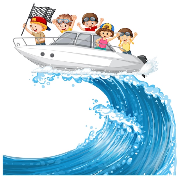 Free vector young boy driving boat with his friends