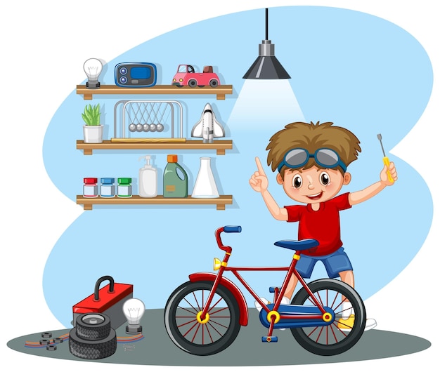 Free vector young boy fixing a bicycle together