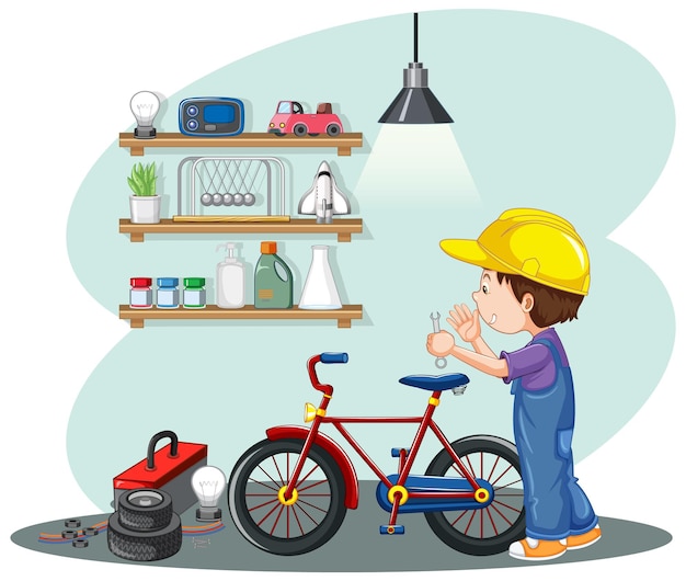 Young boy fixing a bicycle together