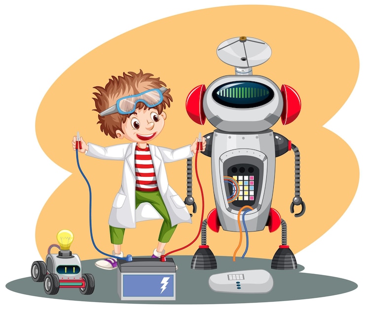Free Vector young boy fixing a robot