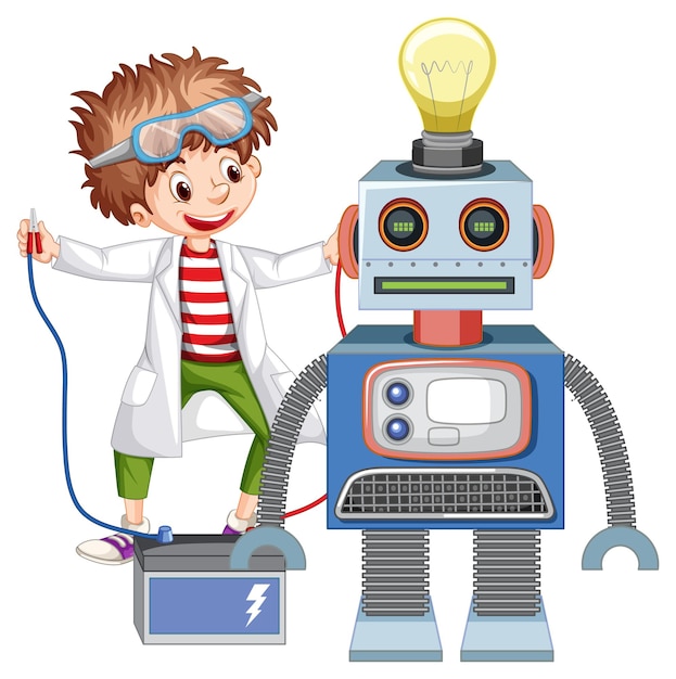 Free vector young boy fixing a robot