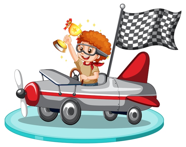 Free vector young boy holding trophy in the plane