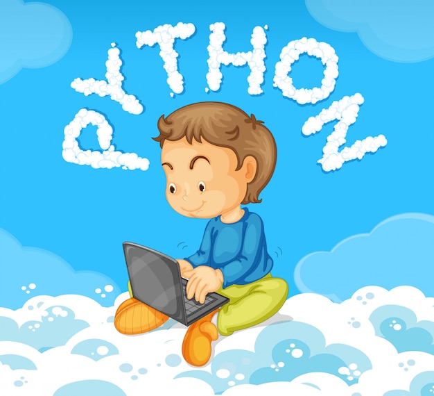 Free vector young boy on laptop python concept