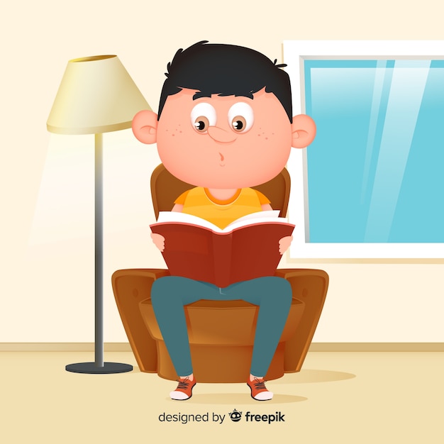 Free vector young boy reading flat design