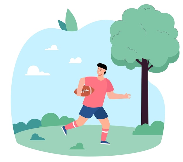 Молодой мальчик бежит по полю с мячом для регби. Детский мультяшный персонаж играет в мяч с плоской векторной иллюстрацией. Спорт, концепция активного отдыха для баннера, дизайна веб-сайта или целевой веб-страницы