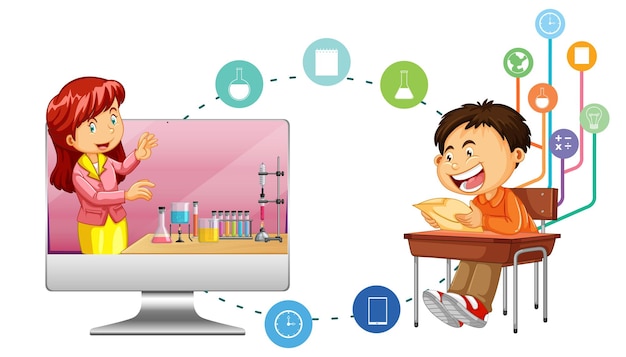 Free vector young boy studying in front of computer