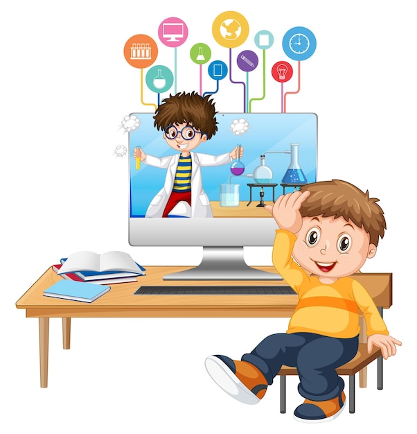 Free vector young boy studying in front of computer