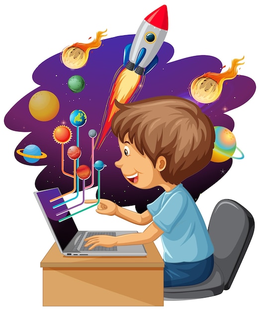 Young boy studying in front of laptop with space objects