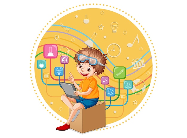 Бесплатное векторное изображение Мальчик с помощью планшета с иконами образования