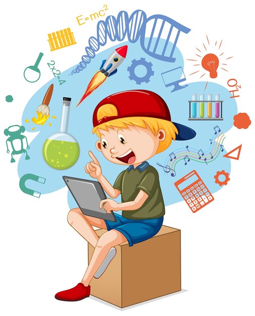 young boy using tablet with education objects