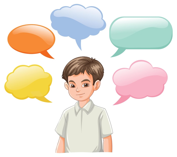 Free Vector young boy with colorful speech bubbles