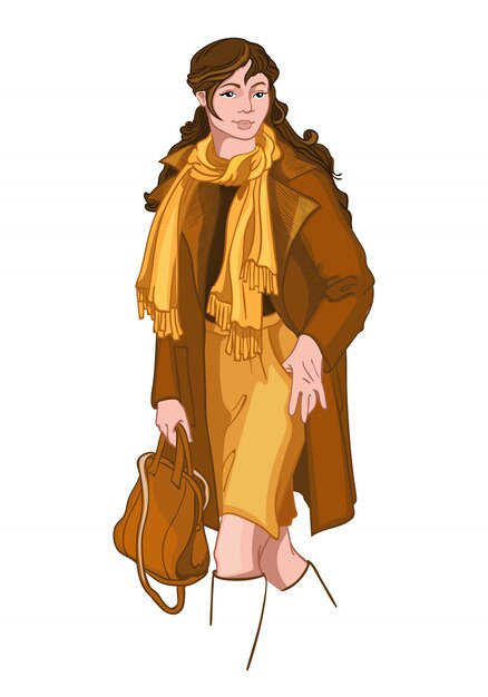 Young brunette woman dressed in yellow and brown autumn clothes