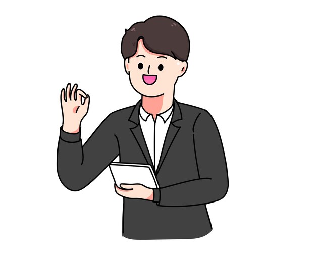 Young businessman showing ok sign hand drawn cartoon art illustration