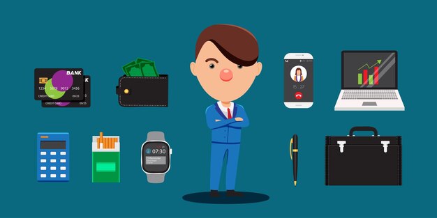 Young businessman in suit standing with laptop computer briefcase pen ID card pocket money in cartoon style for graphic designer vector illustration
