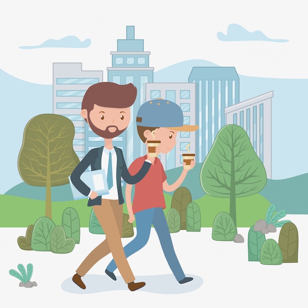 Free vector young businessmen walking in the park