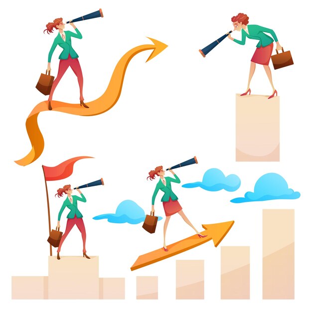 young businesswoman holding briefcase and telescope standing on different sign of business