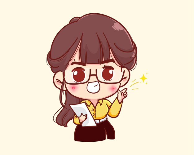 Young businesswoman holding paper and pointing finger to the side cartoon illustration