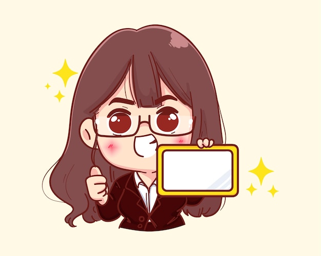 Young businesswoman holding tablet and thumb up cartoon illustration
