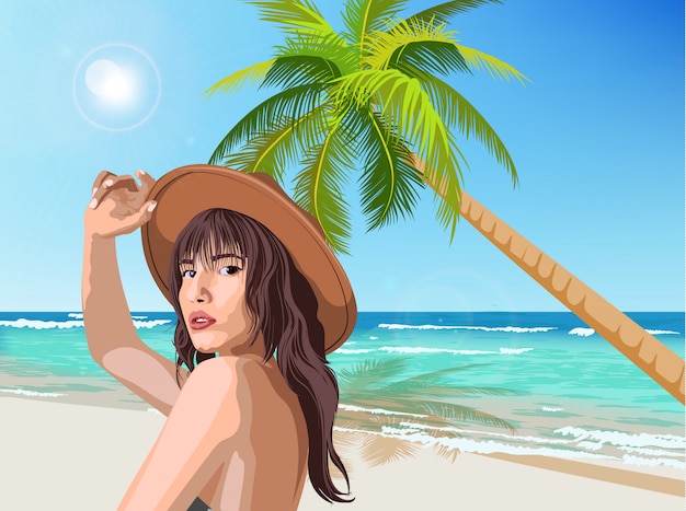 Young caucasian girl with brown hat posing on the beach with green palm and sea on background