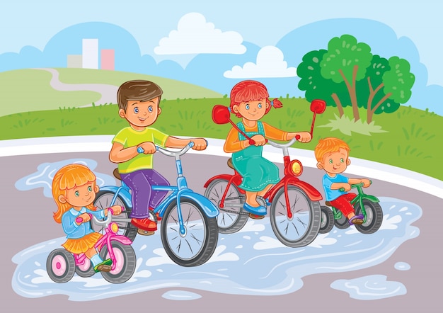 Free vector young children ride bicycles in park