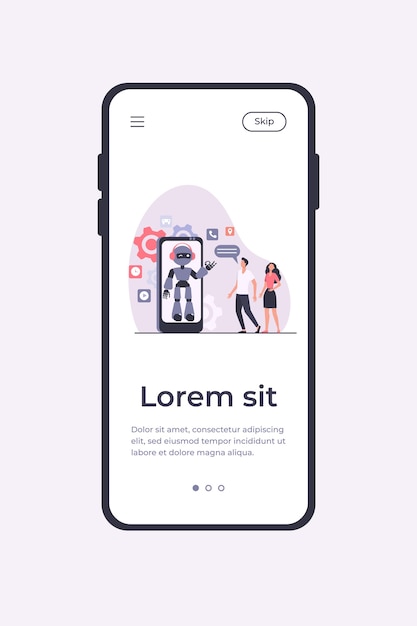 Young couple chatting with robotic assistant on smartphone screen. Chatbot helping customers with their problems. Vector illustration mobile app template