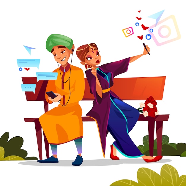 Free vector young couple dating illustration of indian teen boy and girl in sari sitting on bench together