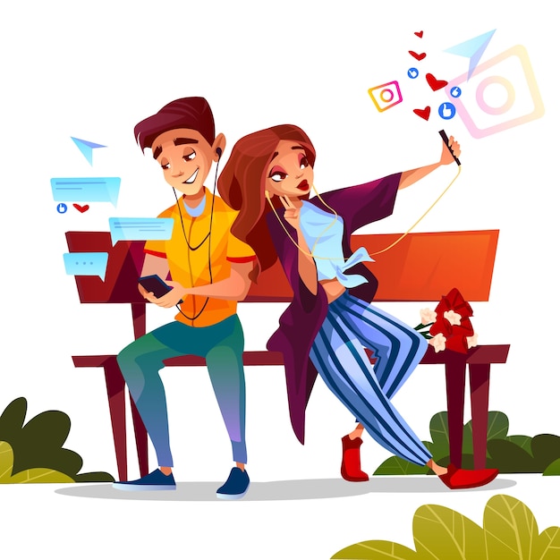 Молодая пара знакомства иллюстрации подростков мальчик и девочка, сидя на скамейке вместе с цветами