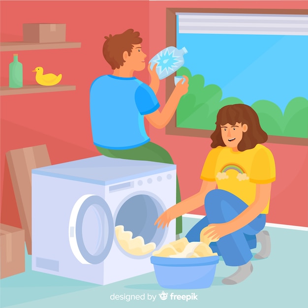 Бесплатное векторное изображение Молодая пара делает работу по дому вместе