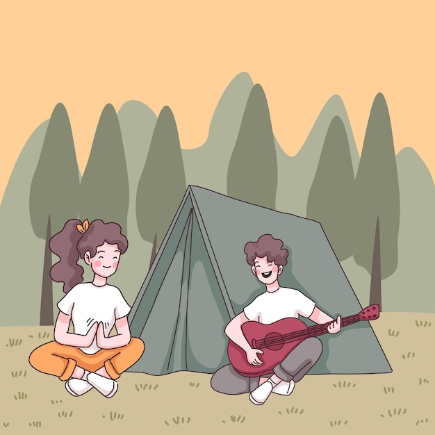 Le giovani coppie godono con il campeggio, uomo che suona la chitarra con la ragazza davanti alla tenda nel parco forestale, illustrazione piana di stile di disegno del personaggio dei cartoni animati