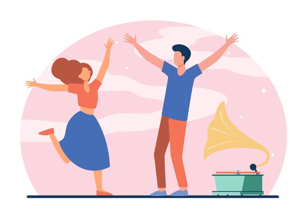 Young couple enjoying retro party. Happy girl and guy dancing at gramophone flat vector illustration. Entertainment, romance, fun concept 