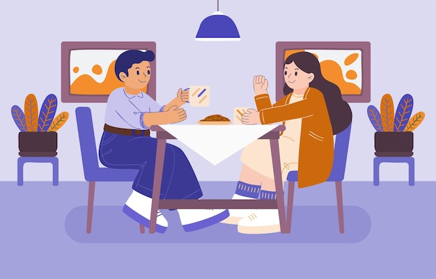 Молодая пара ужинает в столовой мультипликационного персонажа