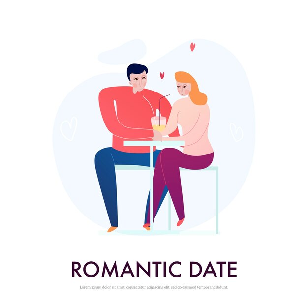 カフェフラットベクトルイラストでロマンチックなデートをしている若いカップル