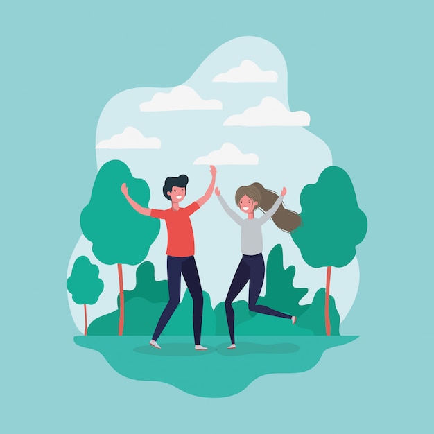 Free vector young couple jumping celebrating in the park characters