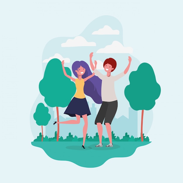 Free vector young couple jumping celebrating in the park characters