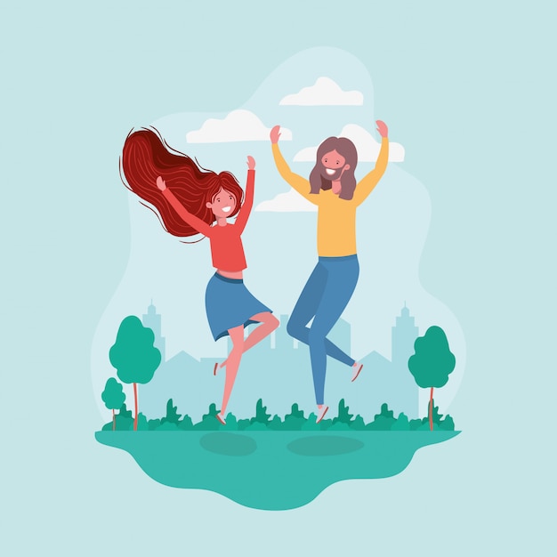 Free vector young couple jumping celebrating in the park characters