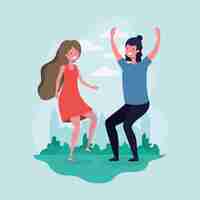 Free vector young couple jumping celebrating in the park characters