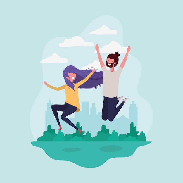 Free vector young couple jumping celebrating in the park characters