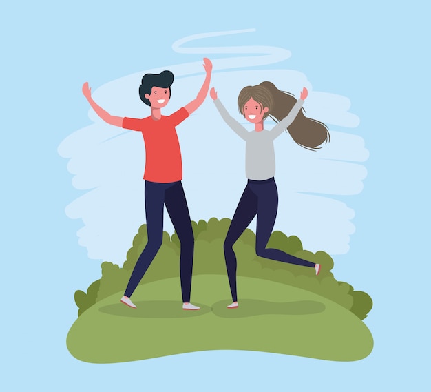 Free vector young couple jumping celebrating in the park characters