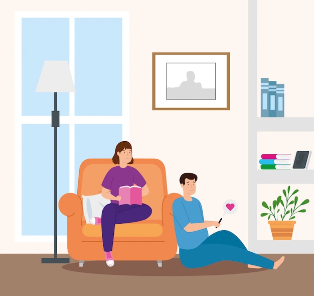 Молодая пара читает книгу в гостиной