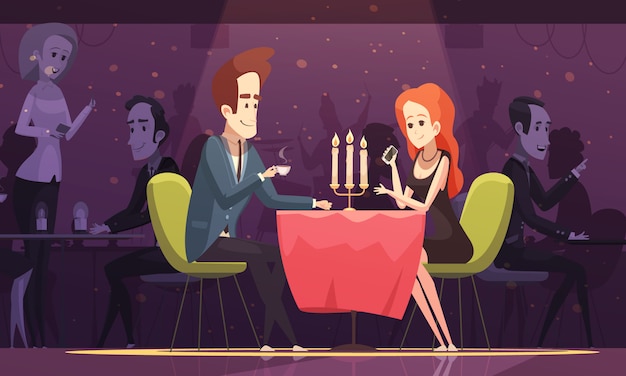 Free vector young couple in a restaurant illustration