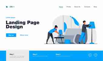 Free vector young couple setting up home landing page template