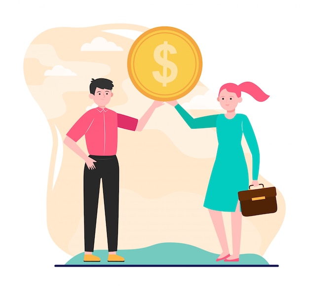 Free vector young couple showing dollar coin